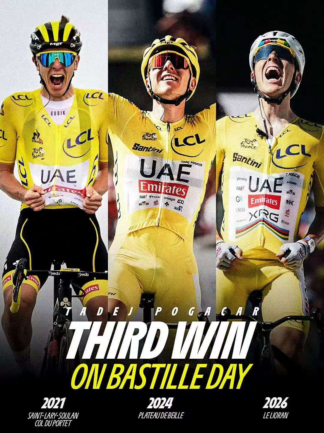 Tadey Pogacar schrijft een nieuwe Tour de France-legende op de Franse nationale feestdag